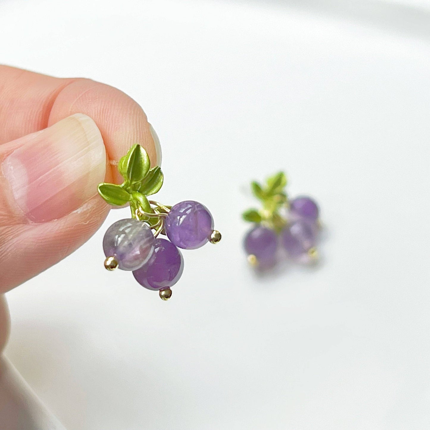 Purple Amethyst Bead Grape with Leaf Earrings-Ninaouity