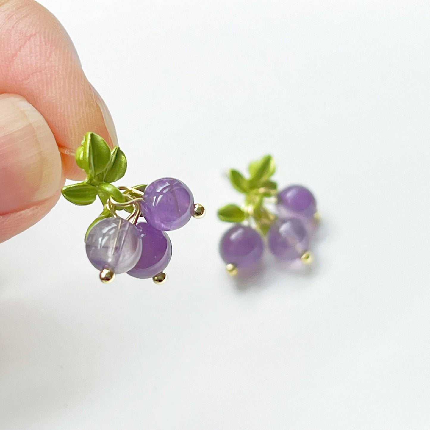 Purple Amethyst Bead Grape with Leaf Earrings-Ninaouity