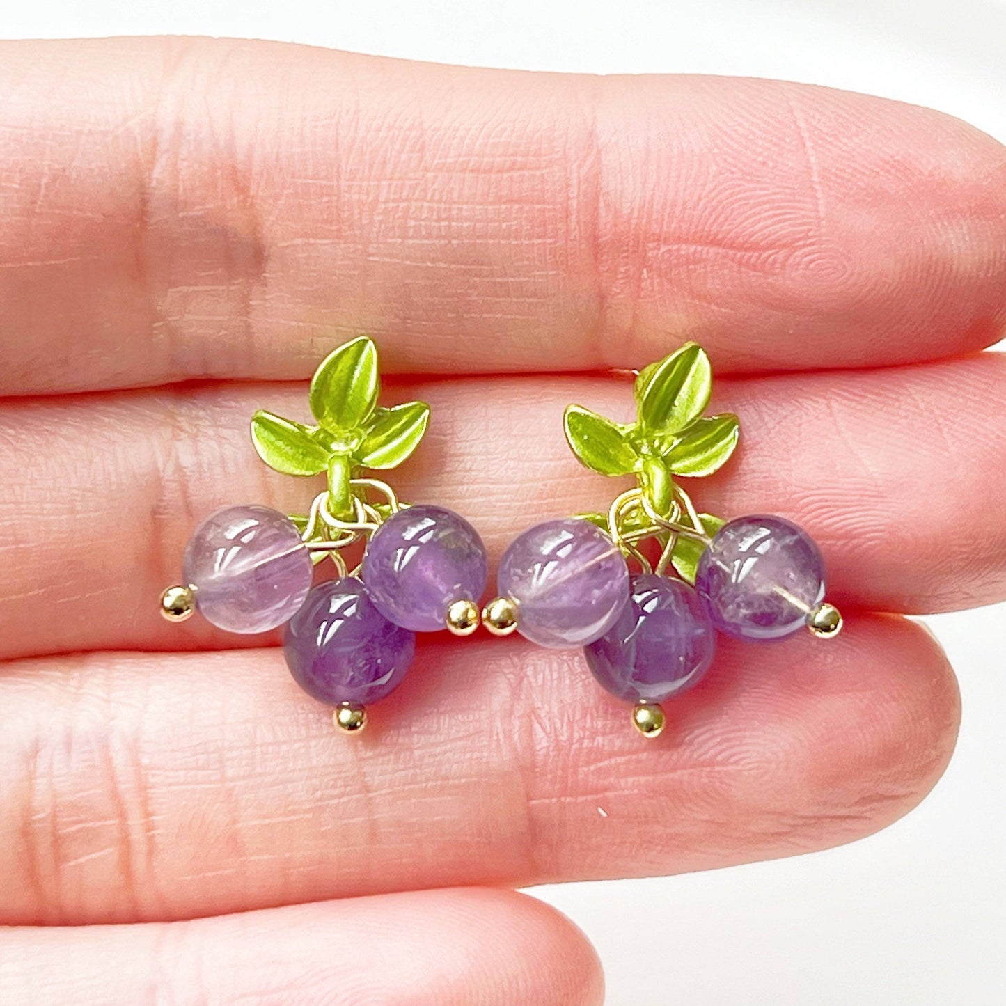 Purple Amethyst Bead Grape with Leaf Earrings-Ninaouity