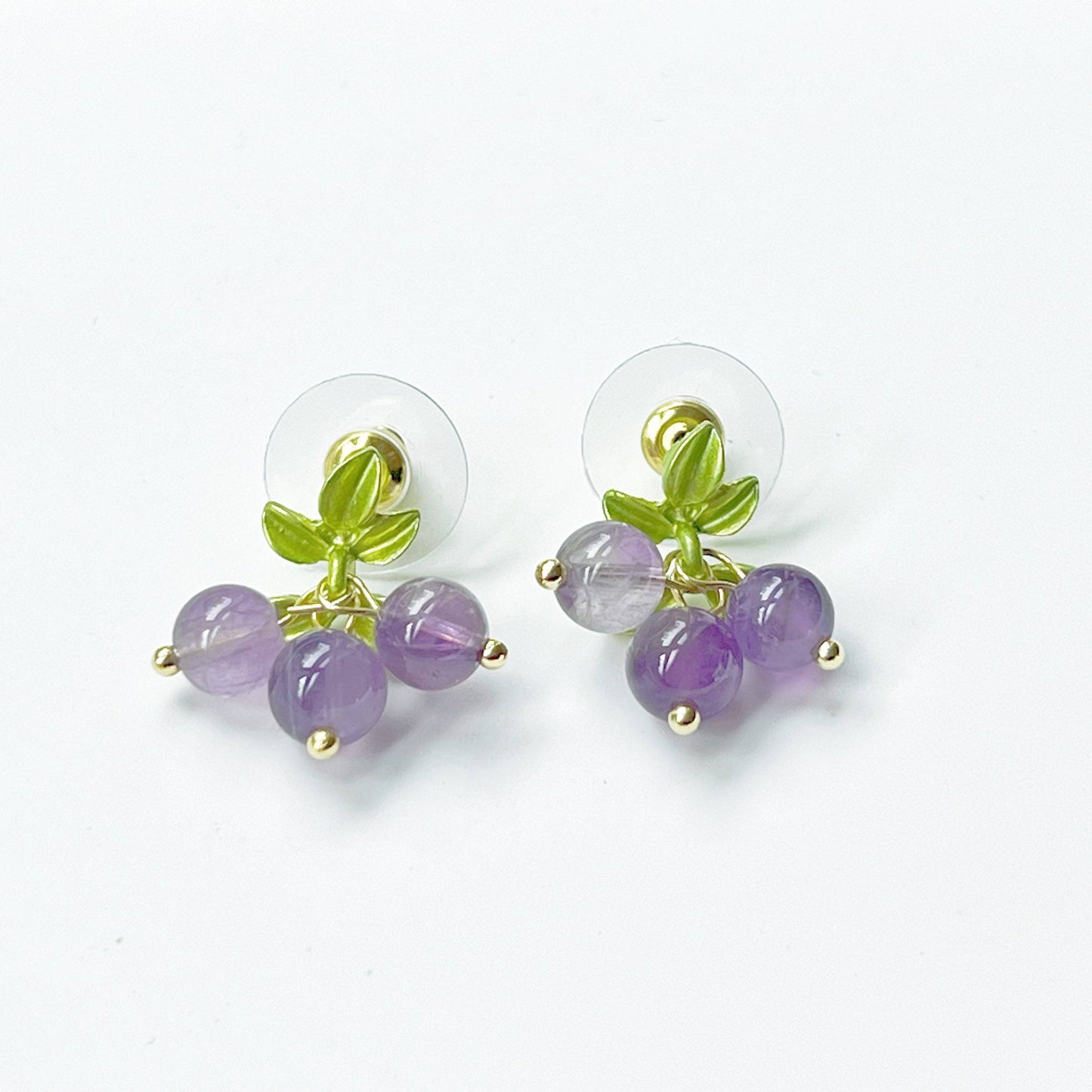 Purple Amethyst Bead Grape with Leaf Earrings-Ninaouity