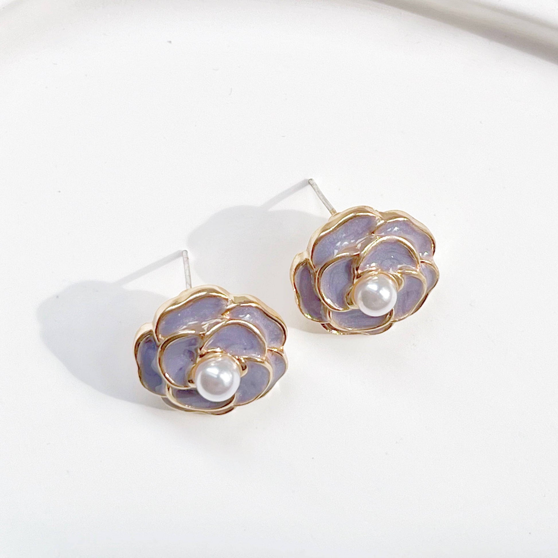 Purple Camellia earrings - Flower Shape with Pearl Sterling Silver Studs-Ninaouity