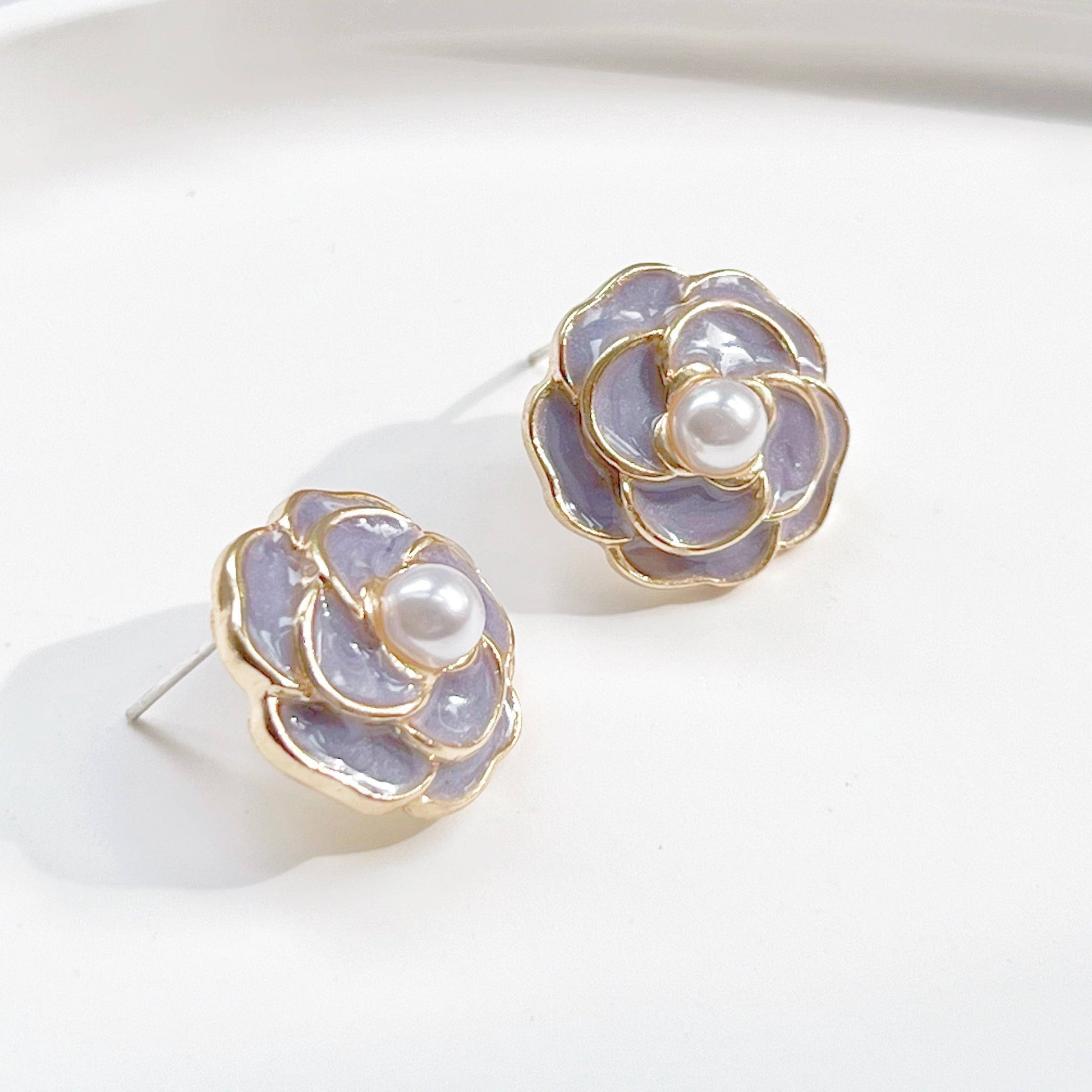 Purple Camellia earrings - Flower Shape with Pearl Sterling Silver Studs-Ninaouity