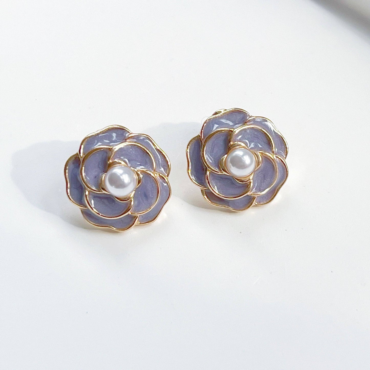 Purple Camellia earrings - Flower Shape with Pearl Sterling Silver Studs-Ninaouity