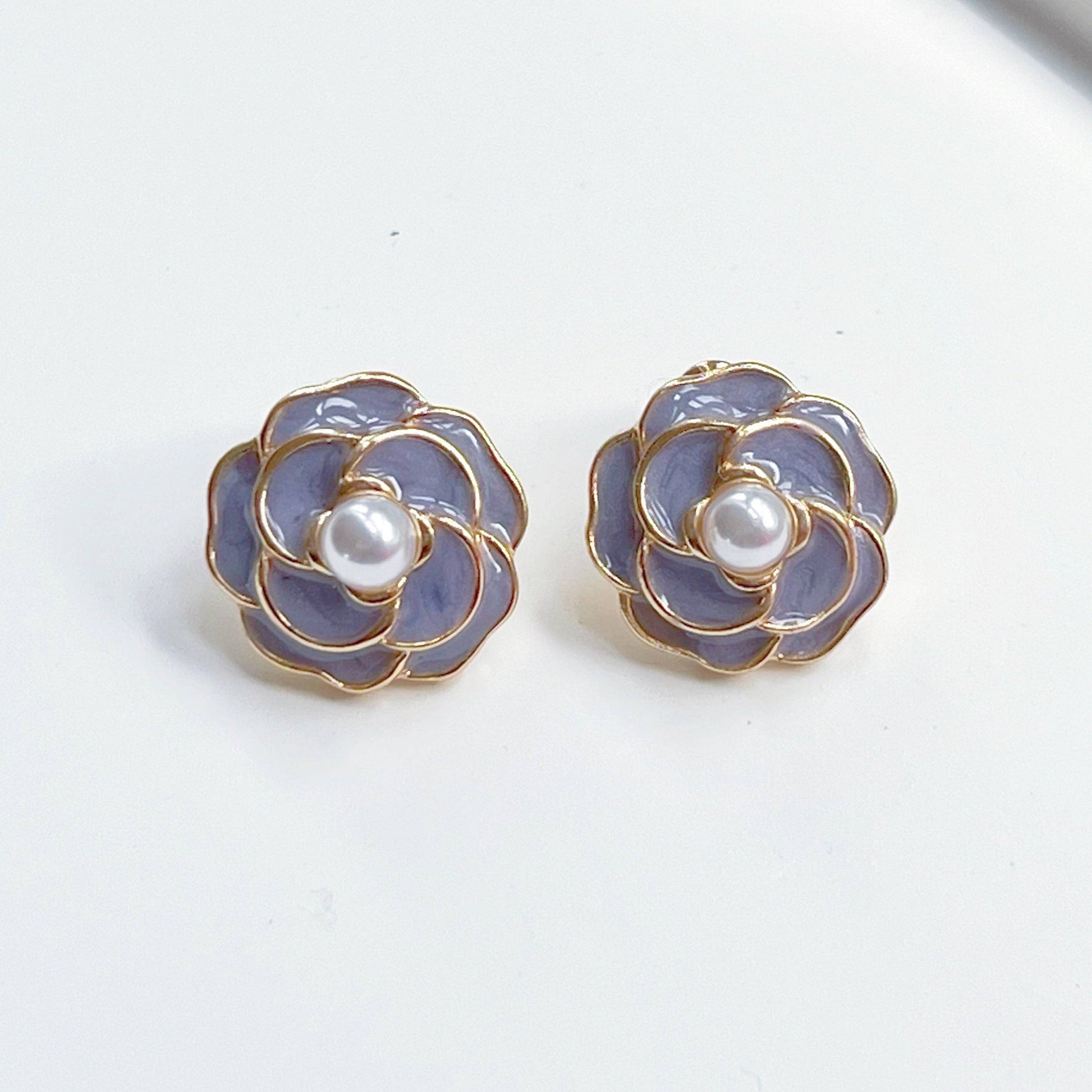 Purple Camellia earrings - Flower Shape with Pearl Sterling Silver Studs-Ninaouity
