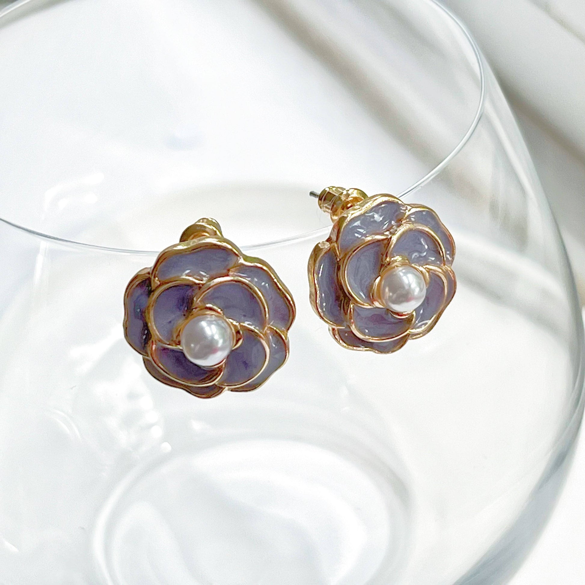 Purple Camellia earrings - Flower Shape with Pearl Sterling Silver Studs-Ninaouity