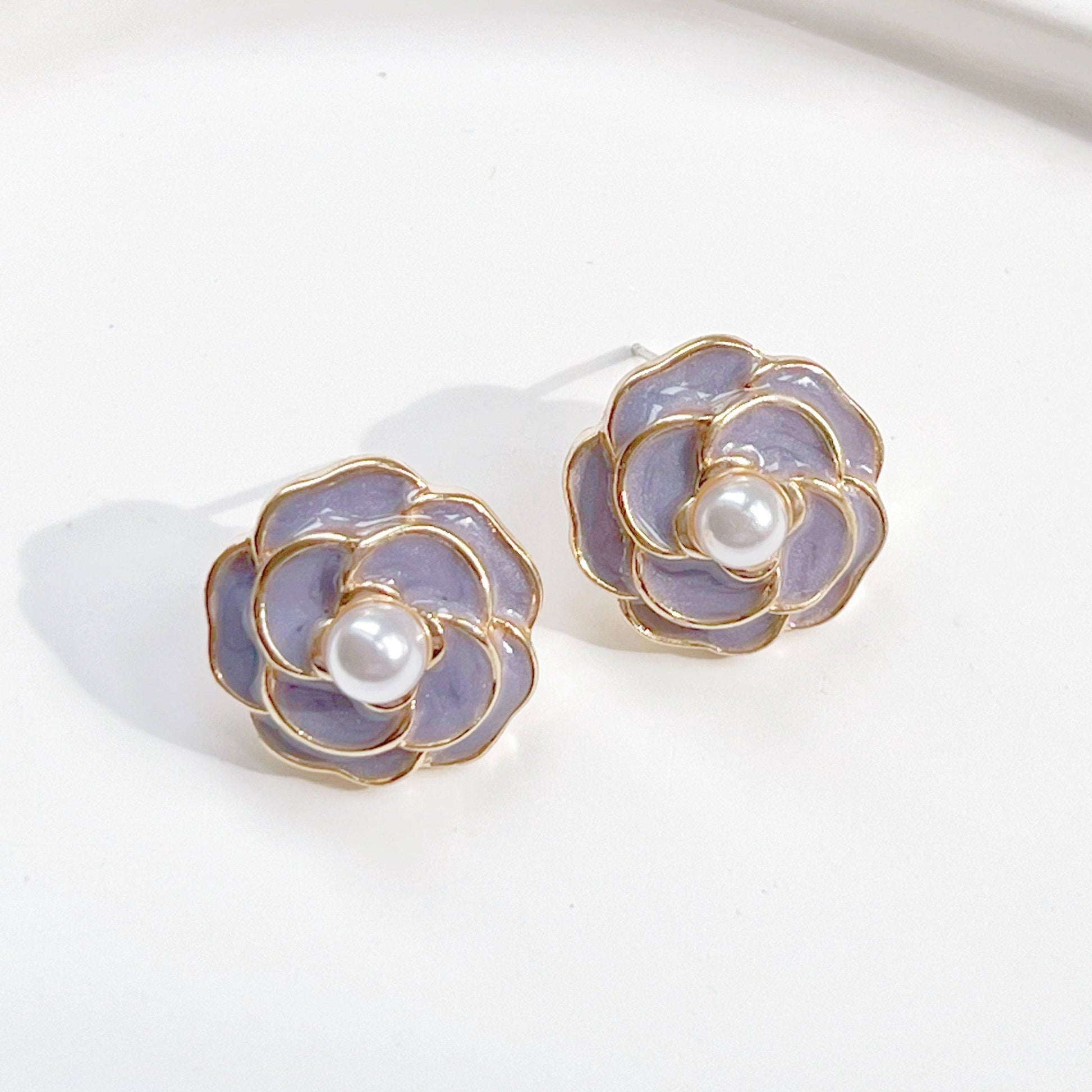 Purple Camellia earrings - Flower Shape with Pearl Sterling Silver Studs-Ninaouity