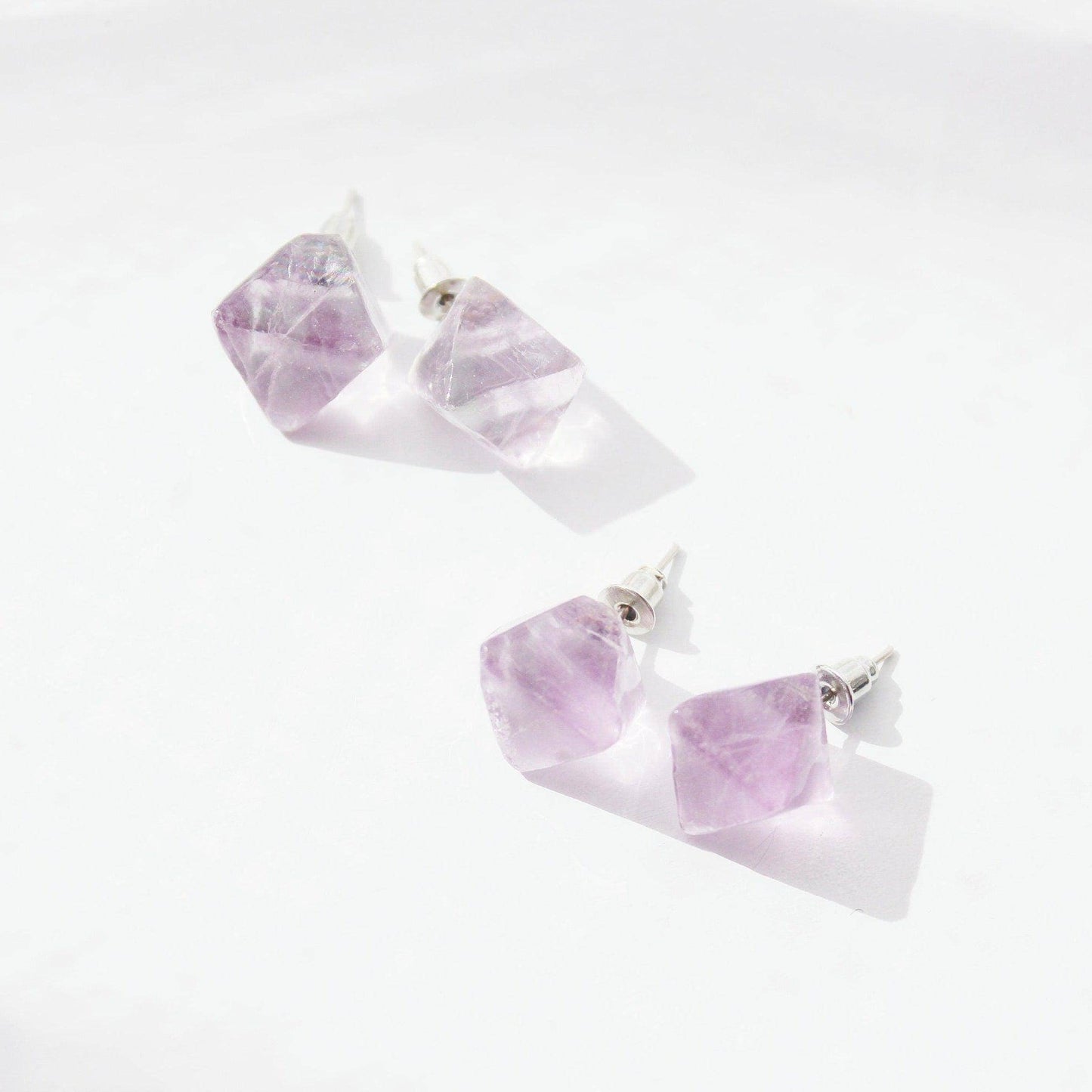 Purple Fluorite Raw Stone Earrings - Octahedral Shape Stone Stud Earrings-Ninaouity