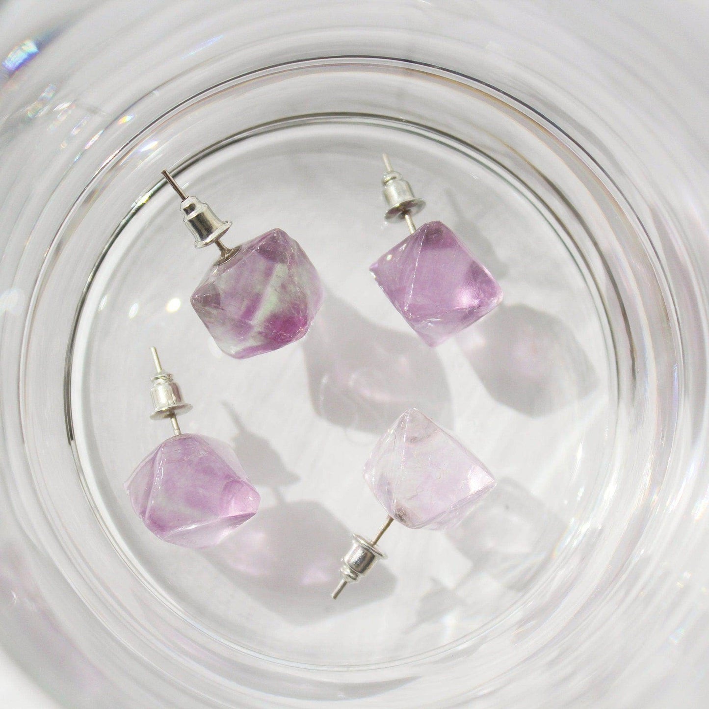 Purple Fluorite Raw Stone Earrings - Octahedral Shape Stone Stud Earrings-Ninaouity