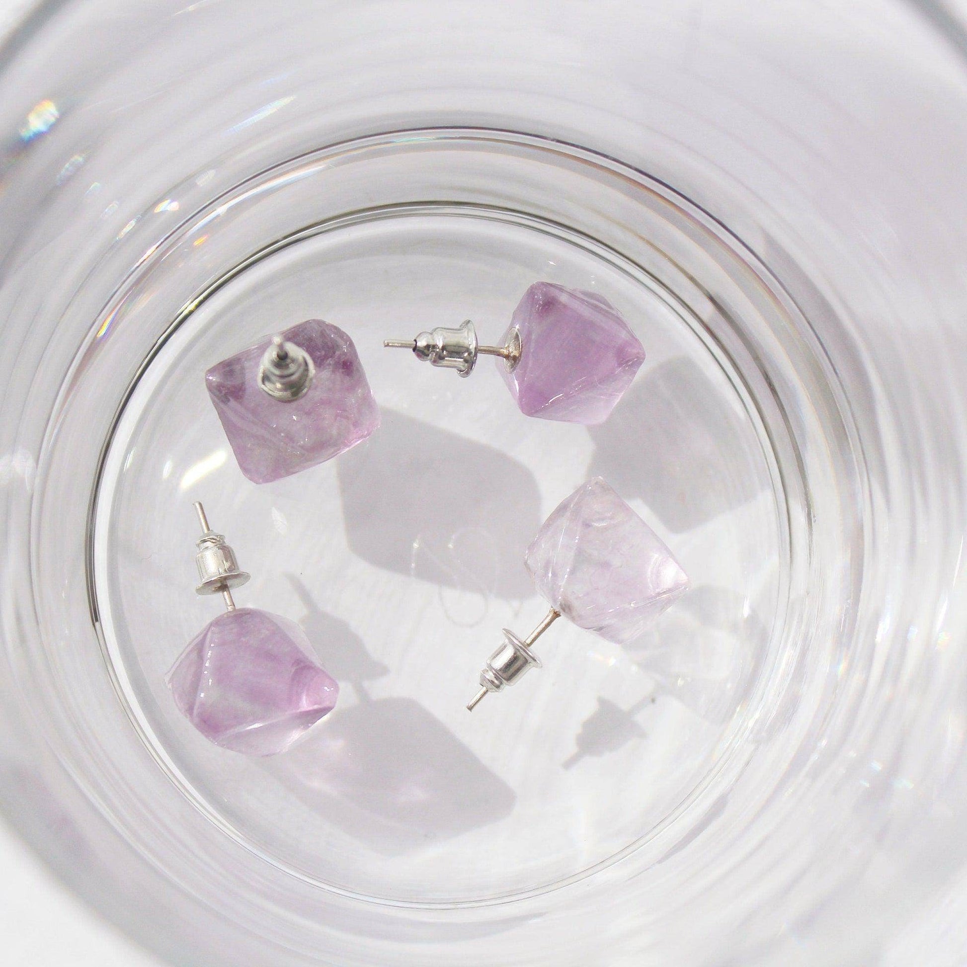 Purple Fluorite Raw Stone Earrings - Octahedral Shape Stone Stud Earrings-Ninaouity
