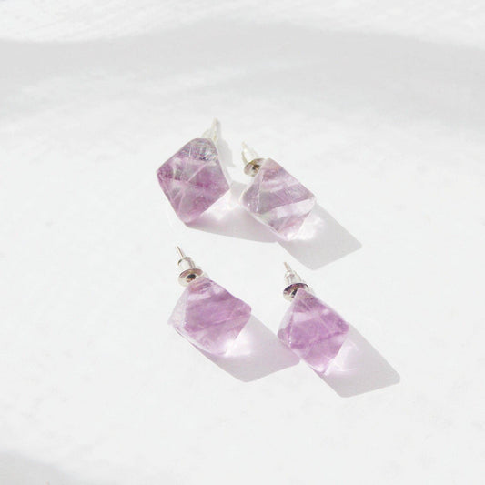 Purple Fluorite Raw Stone Earrings - Octahedral Shape Stone Stud Earrings-Ninaouity