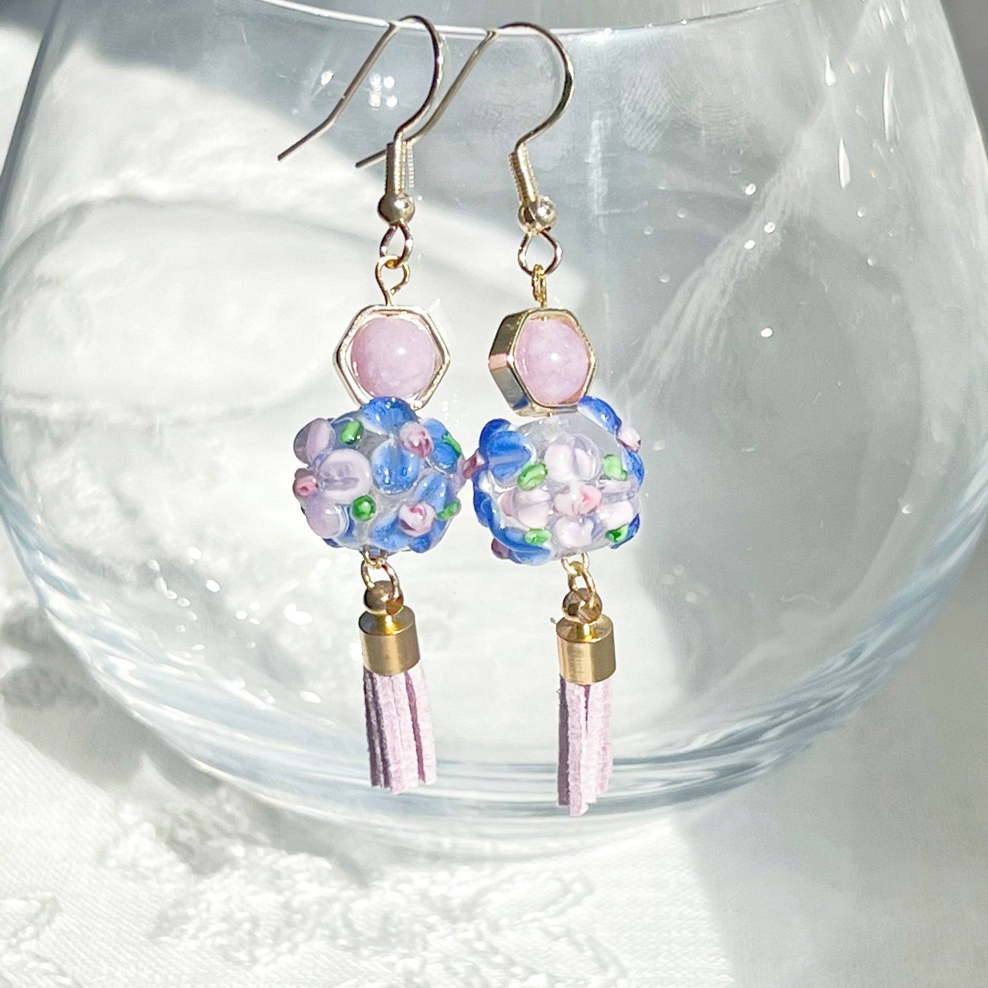 Purple Hydrangea Flower Craft Glass Globe with Amethyst Bead Earrings-Ninaouity