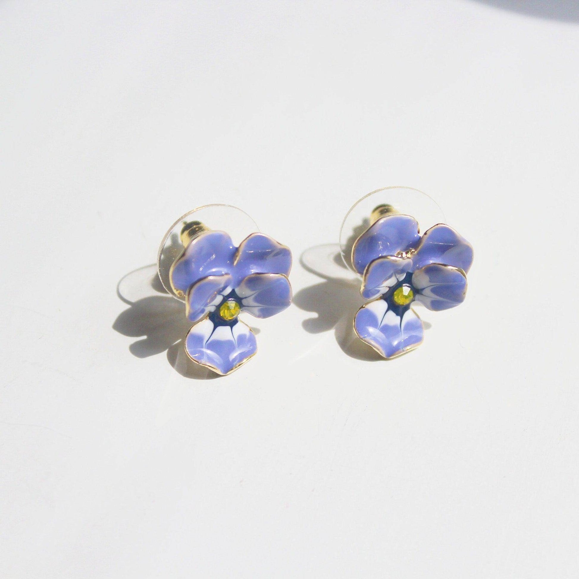 Purple Pansy Earrings - Yellow and Purple Flower Stud Earrings-Ninaouity