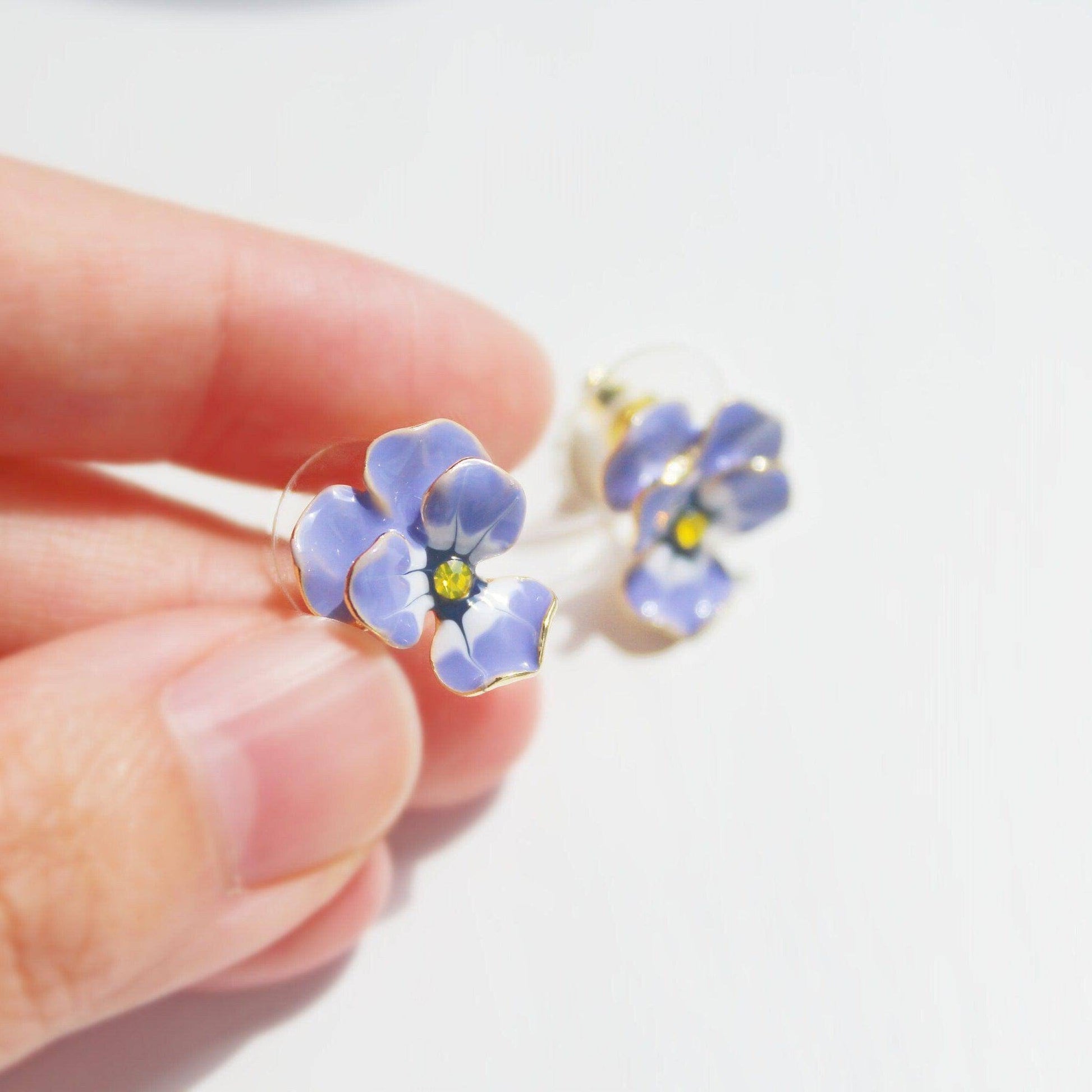Purple Pansy Earrings - Yellow and Purple Flower Stud Earrings-Ninaouity