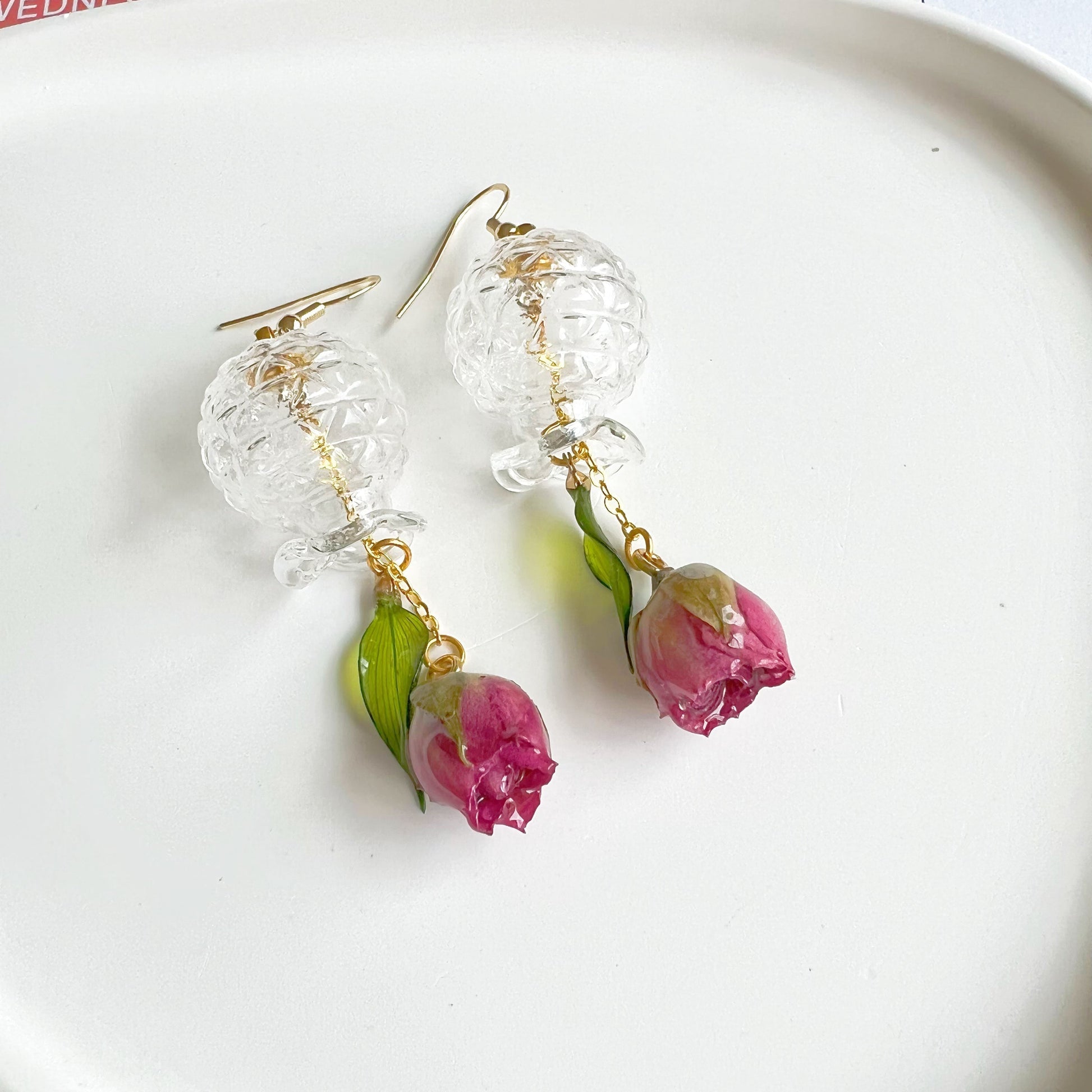 Purple Rose Flowers in Miniature Glass Vase Drop Earrings-Ninaouity