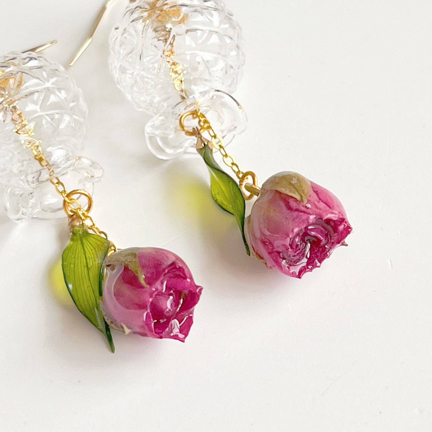 Purple Rose Flowers in Miniature Glass Vase Drop Earrings-Ninaouity