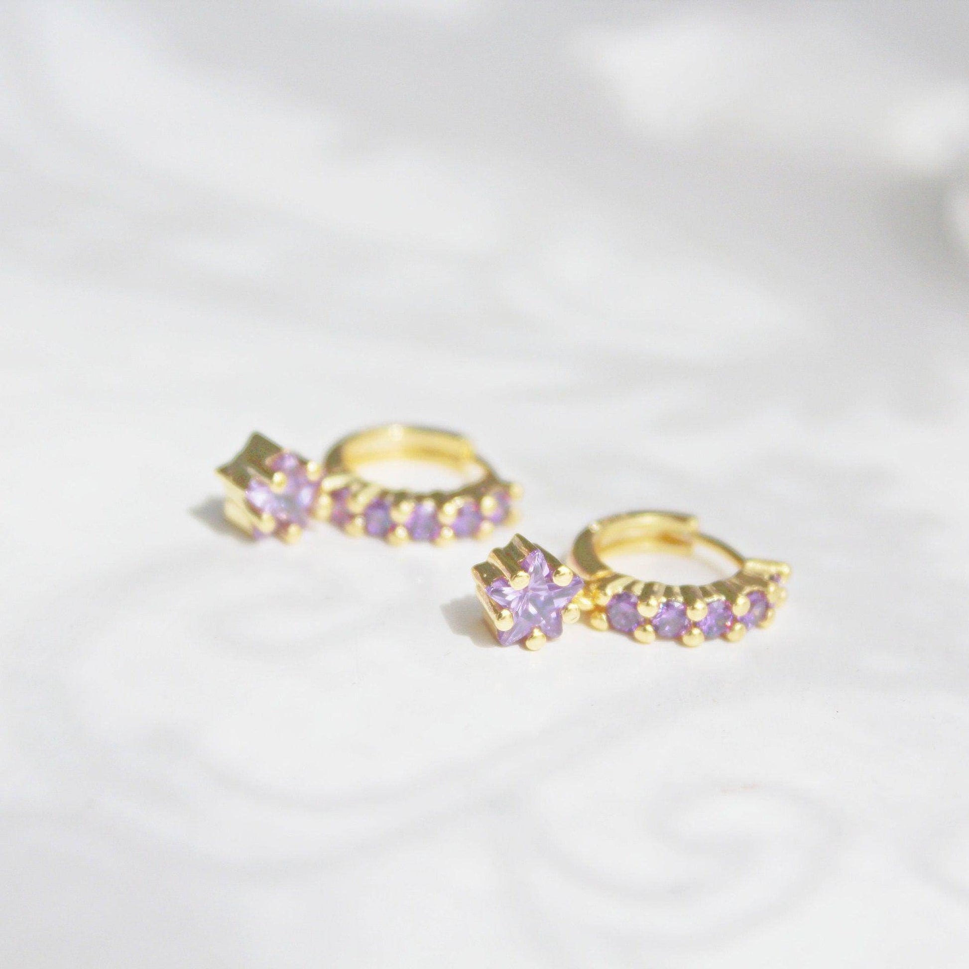 Purple Stars Hoop Earrings - Gold Hoop with Crystal Drop Earrings-Ninaouity