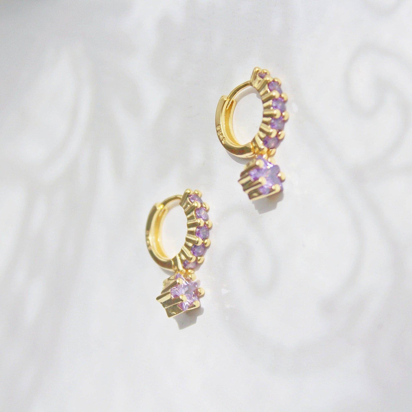 Purple Stars Hoop Earrings - Gold Hoop with Crystal Drop Earrings-Ninaouity