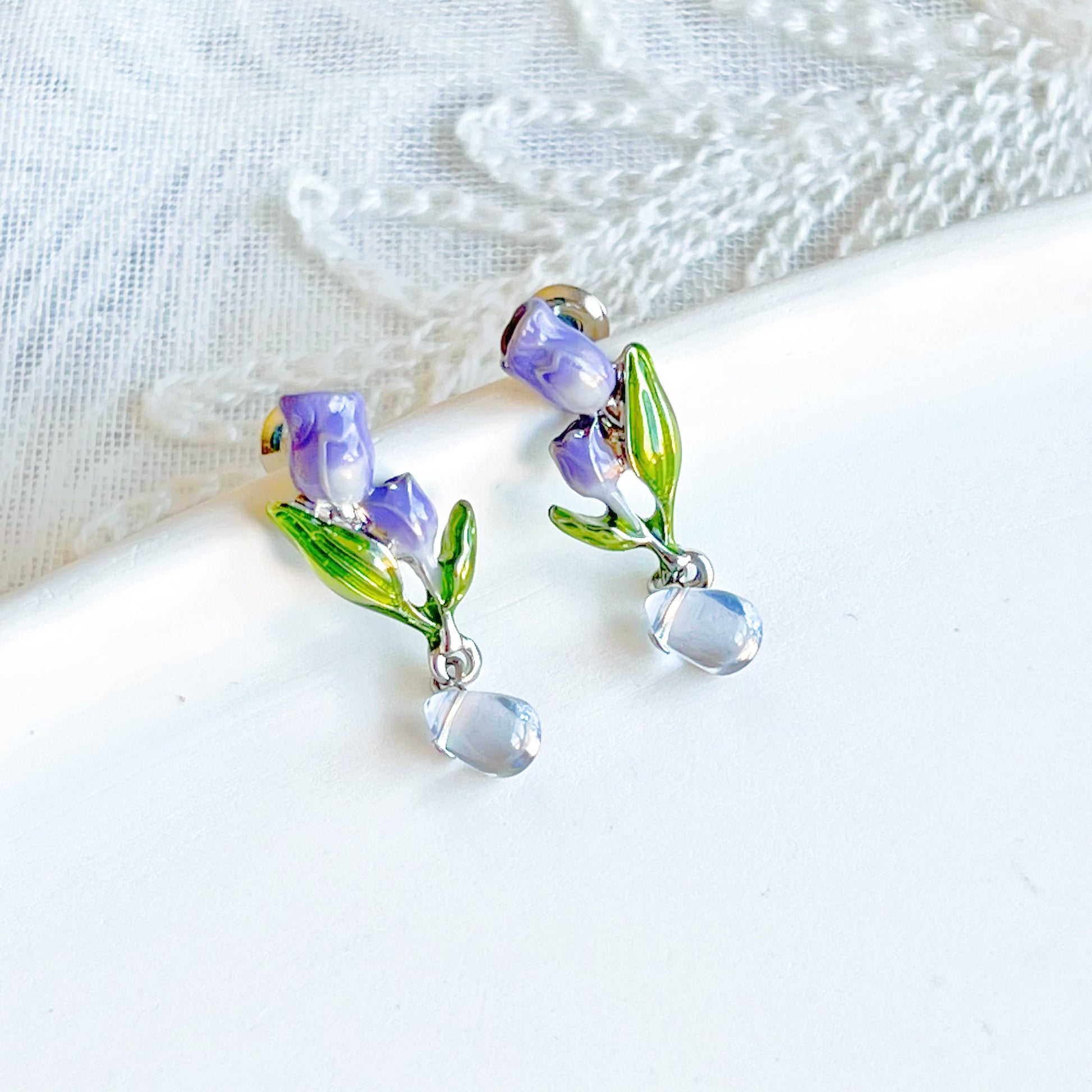 Purple Tulips Flower with Leaves Drop Earrings-Ninaouity
