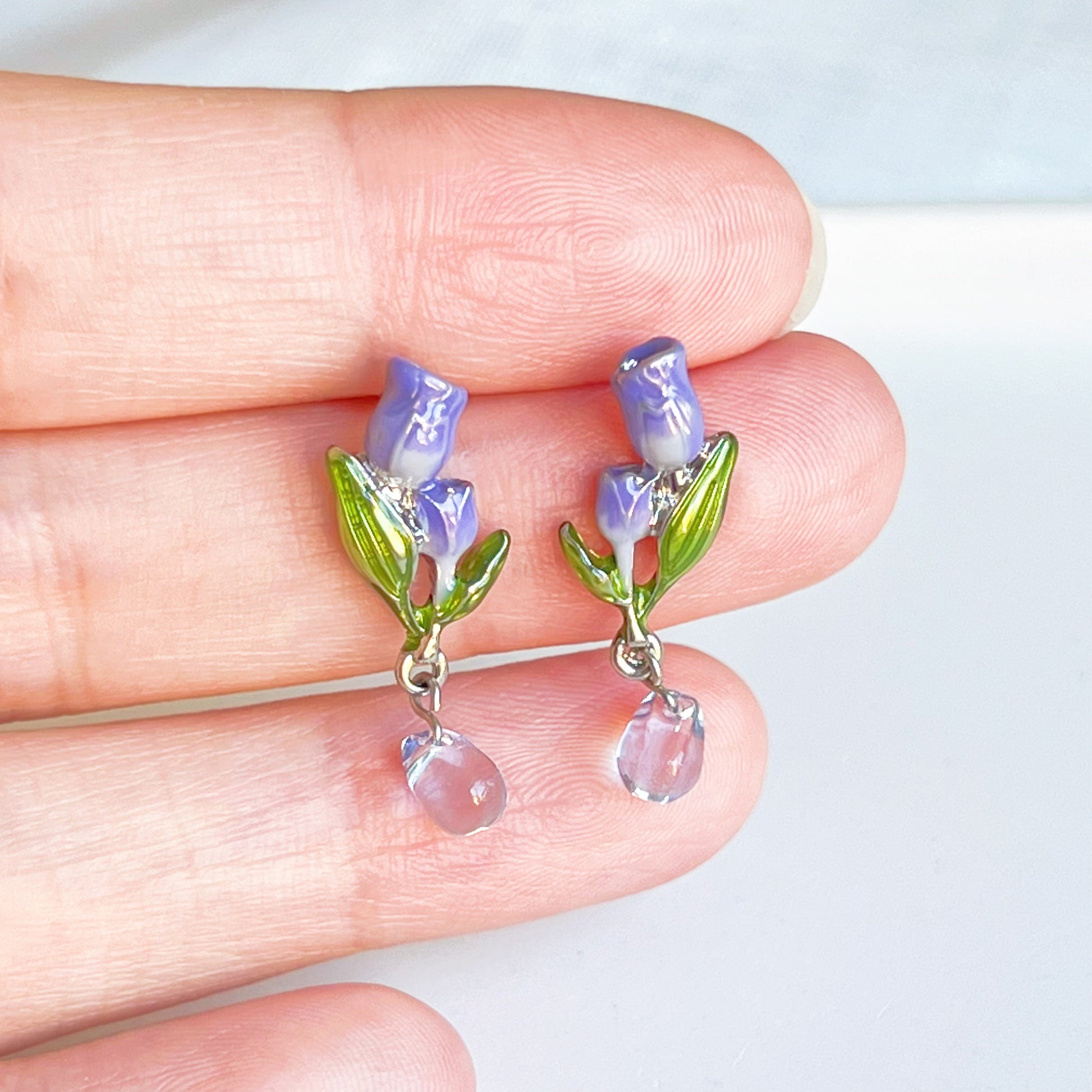 Purple Tulips Flower with Leaves Drop Earrings-Ninaouity