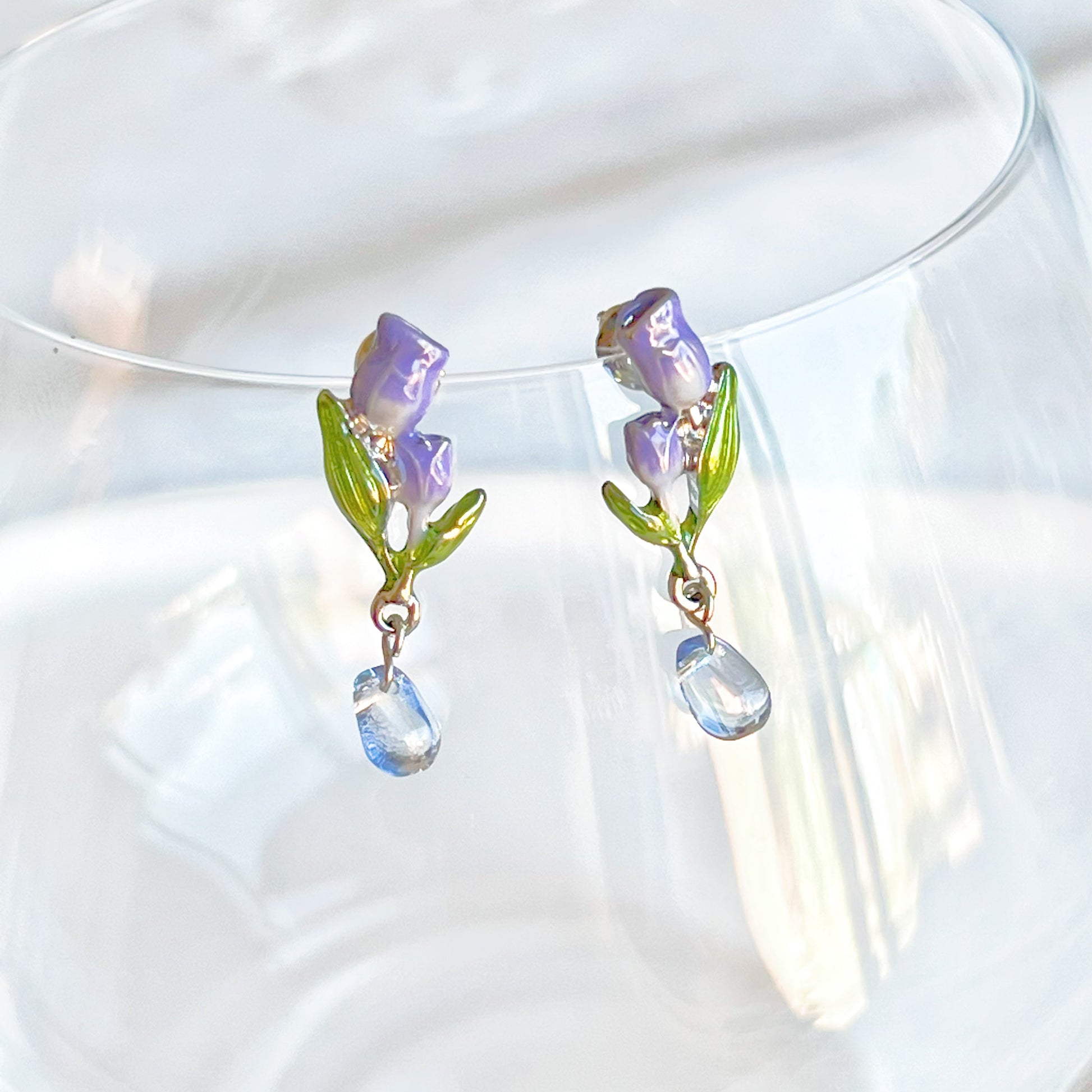 Purple Tulips Flower with Leaves Drop Earrings-Ninaouity