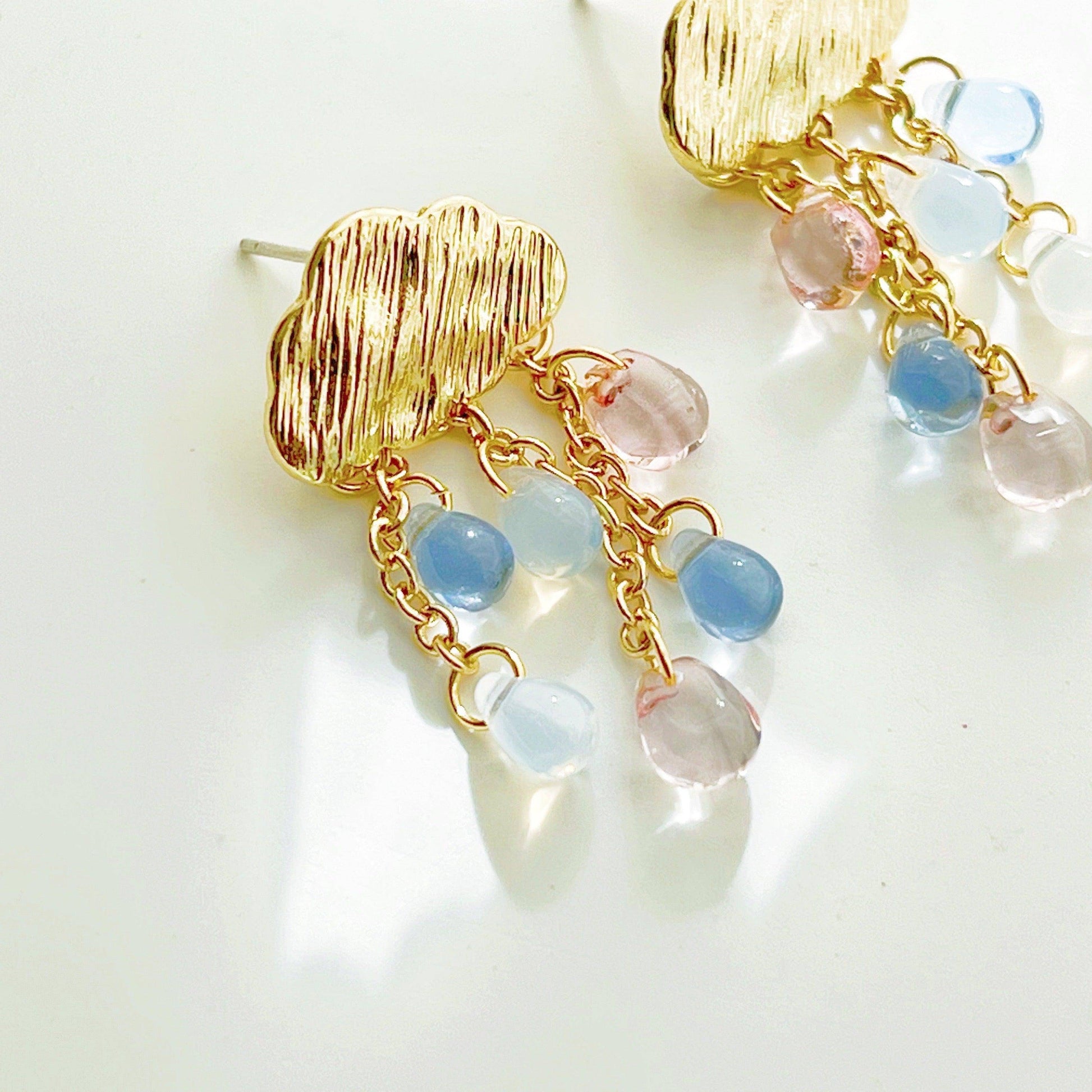 Rain and Golden Cloud Earrings - Rainbow Crystal Raindrop Stud Earrings-Ninaouity