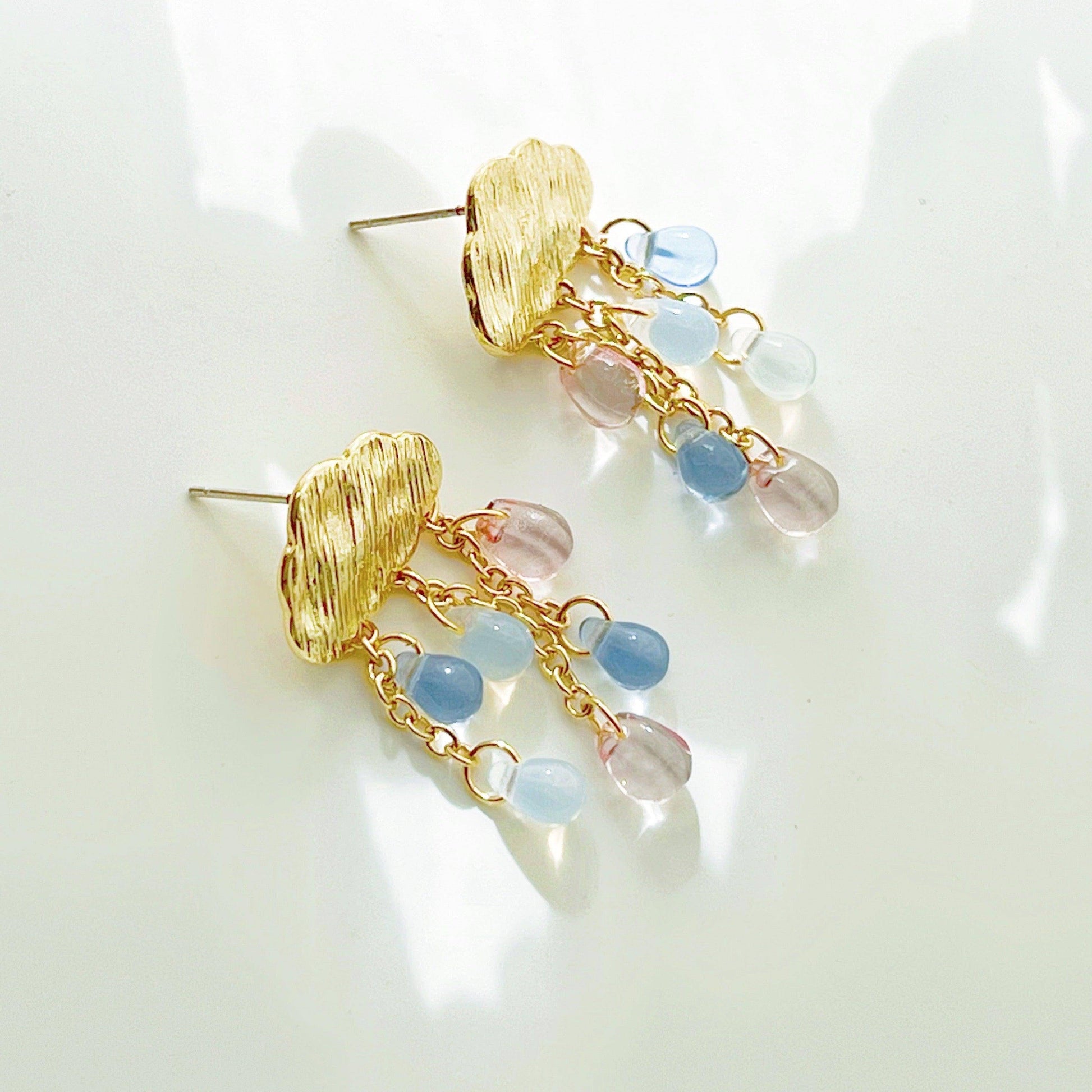 Rain and Golden Cloud Earrings - Rainbow Crystal Raindrop Stud Earrings-Ninaouity