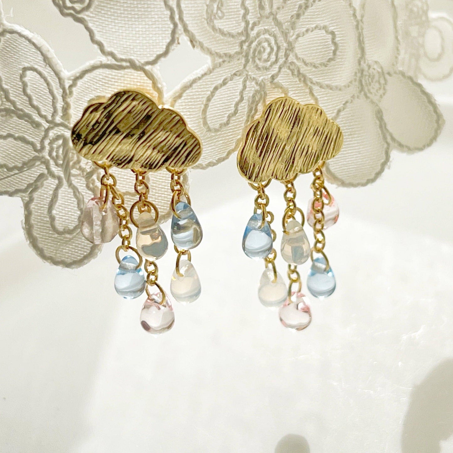 Rain and Golden Cloud Earrings - Rainbow Crystal Raindrop Stud Earrings-Ninaouity