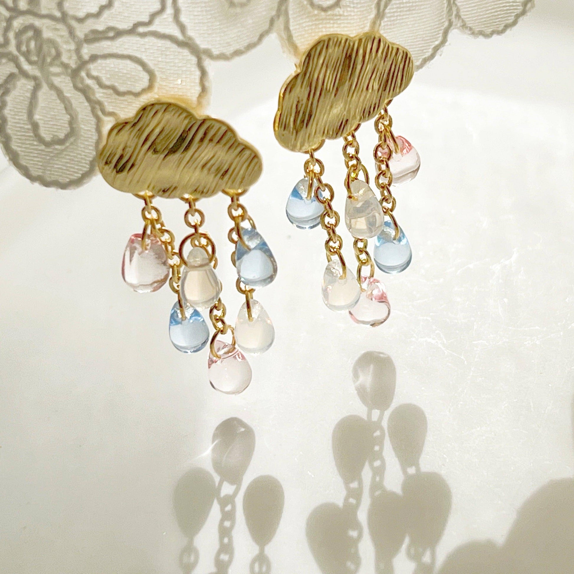 Rain and Golden Cloud Earrings - Rainbow Crystal Raindrop Stud Earrings-Ninaouity