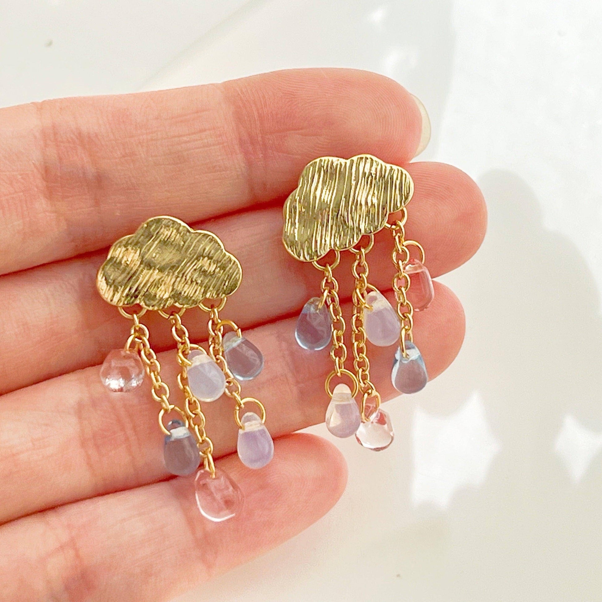 Rain and Golden Cloud Earrings - Rainbow Crystal Raindrop Stud Earrings-Ninaouity