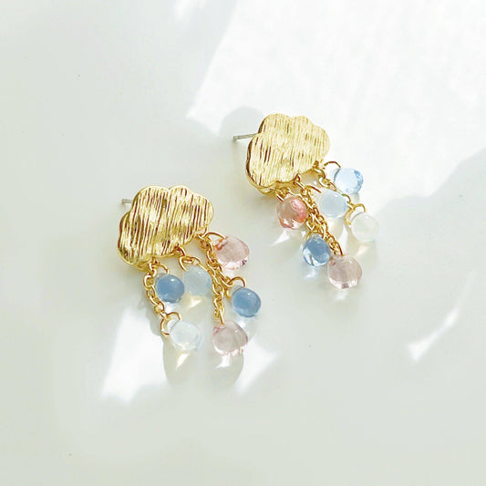 Rain and Golden Cloud Earrings - Rainbow Crystal Raindrop Stud Earrings-Ninaouity