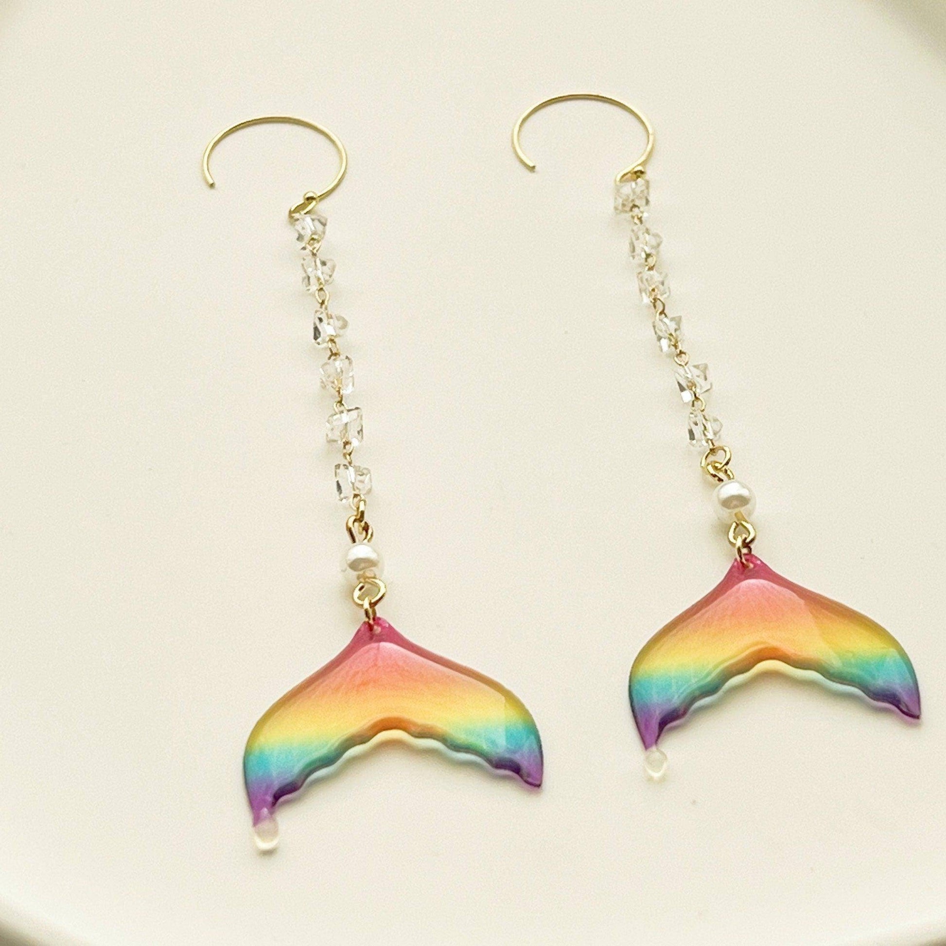 Rainbow Mermaid Tail Earrings -  Gold Chain with Crystal Drop Earring-Ninaouity