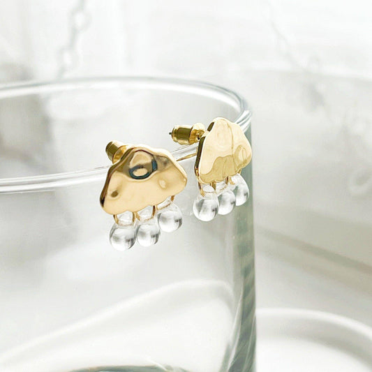 Raining Day Earrings - Gold Cloud and Crystal Rain Drop Stud Earrings-Ninaouity