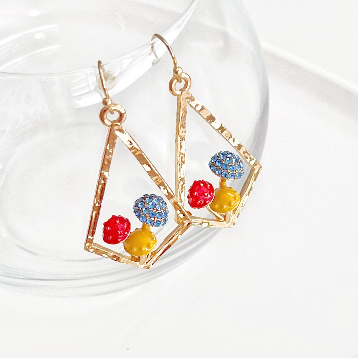 Red Fly Agaric Mushrooms in Gold Diamond Frame Good Luck Earrings-Ninaouity