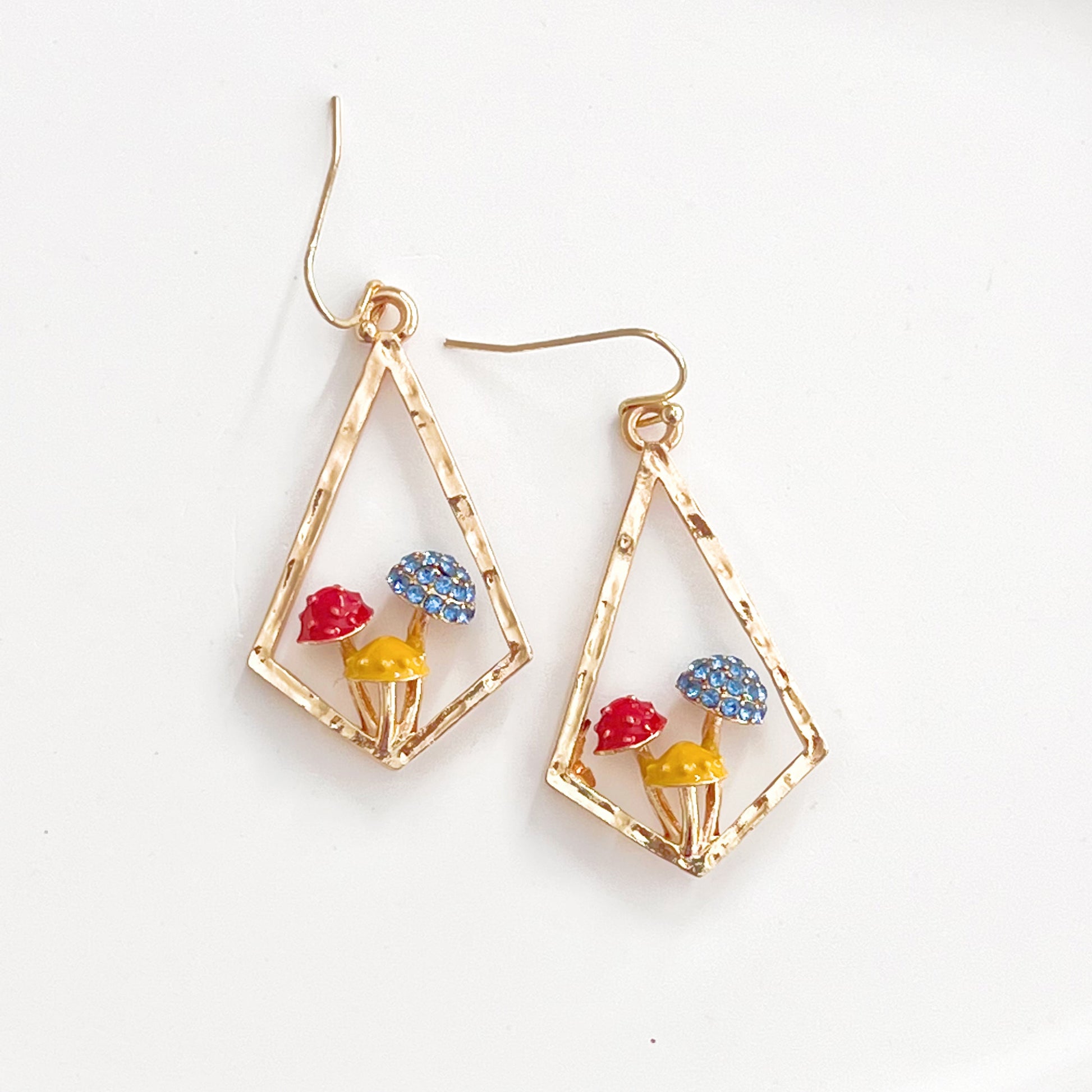 Red Fly Agaric Mushrooms in Gold Diamond Frame Good Luck Earrings-Ninaouity