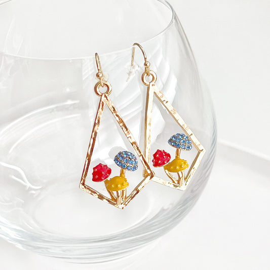 Red Fly Agaric Mushrooms in Gold Diamond Frame Good Luck Earrings-Ninaouity