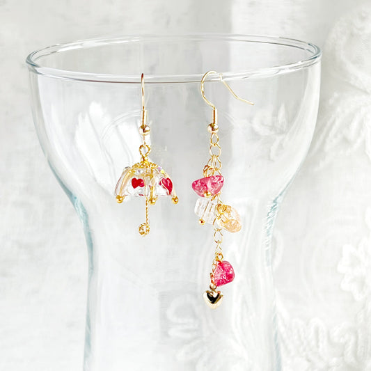 Red Heart Confetti Umbrella and Rainbow Stones Drop Earrings-Ninaouity