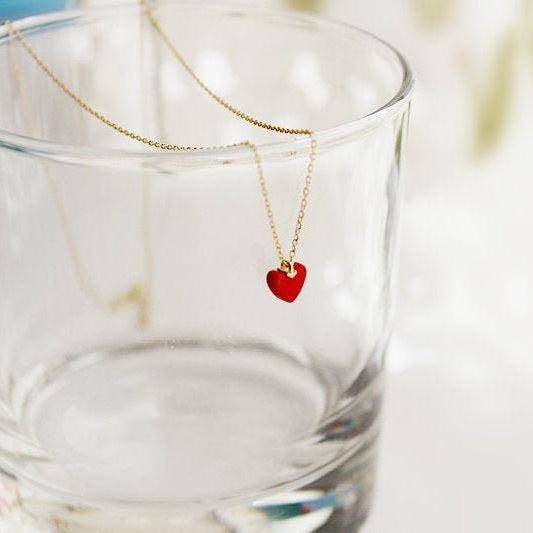 Red Heart Necklace - Tiny Red Heart in Gold Chain Necklace-Ninaouity