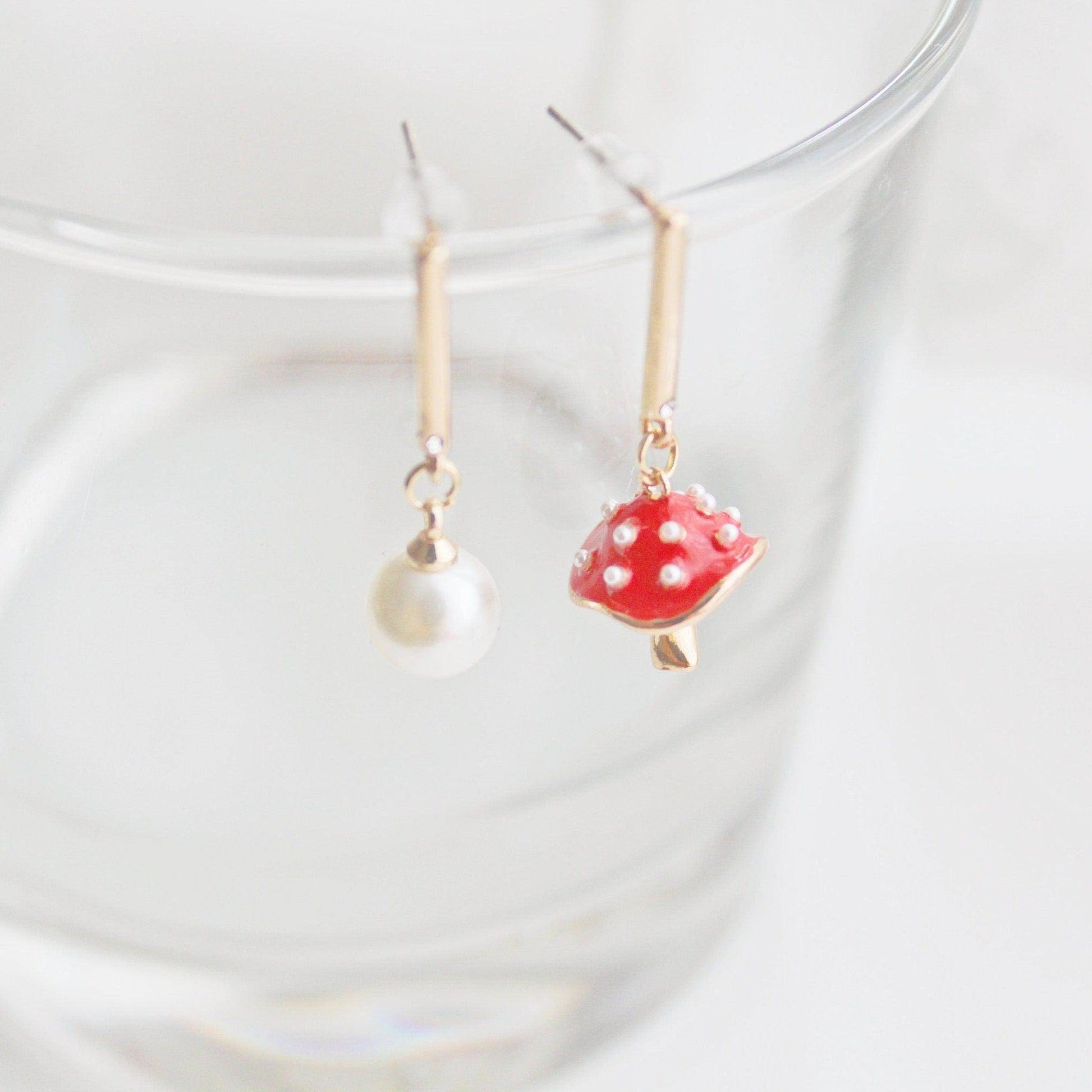 Red Mushroom Earrings - Fly Agaric and Pearl Drop Earrings-Ninaouity