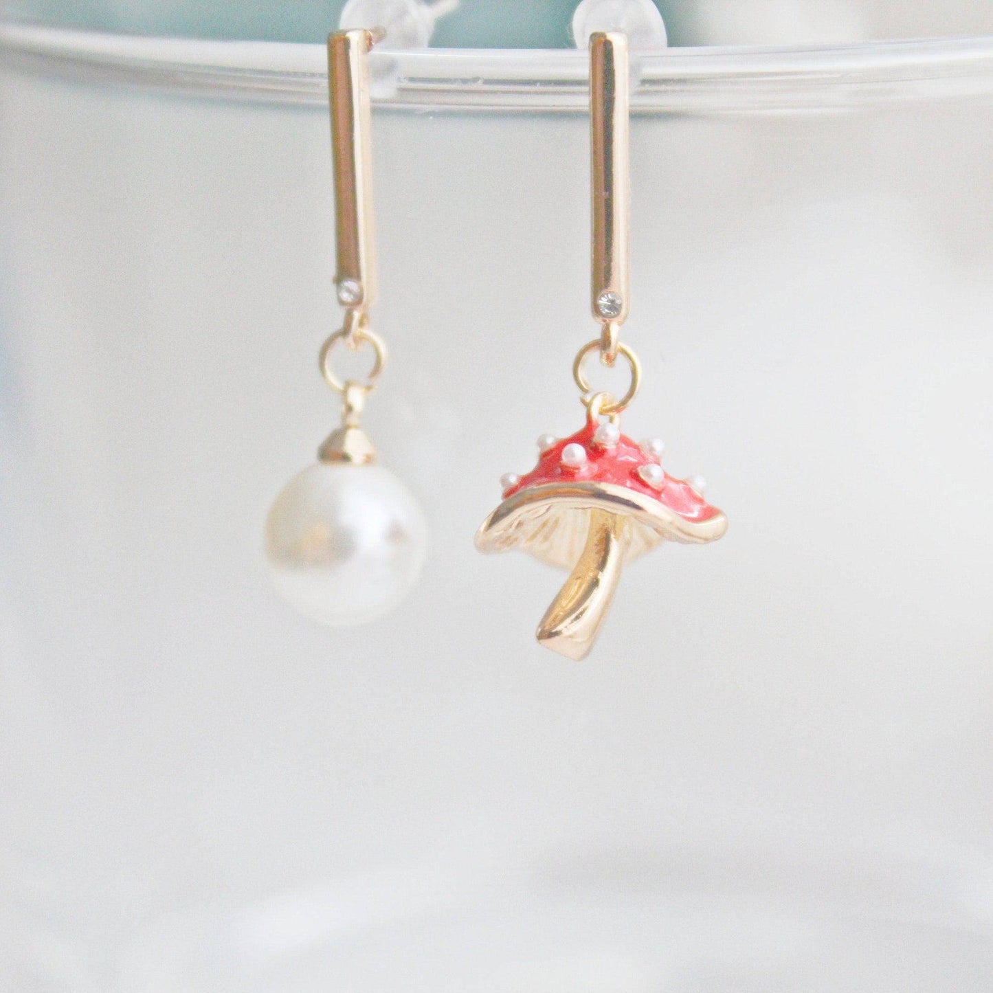 Red Mushroom Earrings - Fly Agaric and Pearl Drop Earrings-Ninaouity
