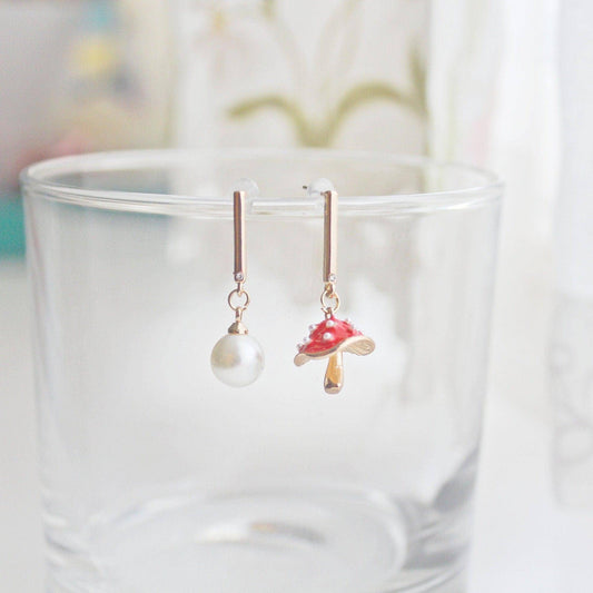 Red Mushroom Earrings - Fly Agaric and Pearl Drop Earrings-Ninaouity