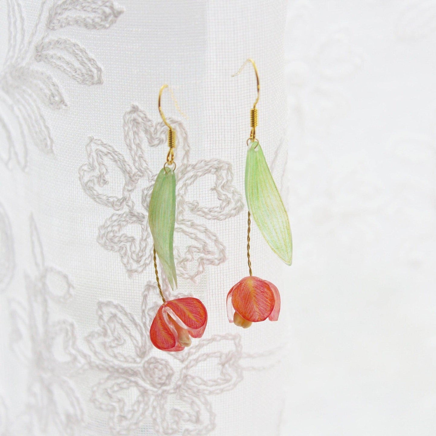 Red Tulip Drop Earrings - Pencil Drawing Style Drop Earrings-Ninaouity