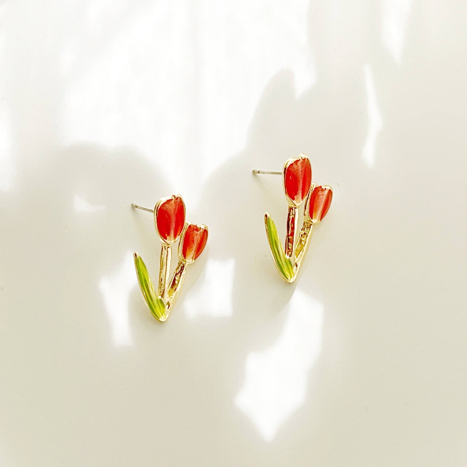 Red Tulips Earrings - Spring Flower and Leaves Shape Stud Earrings-Ninaouity