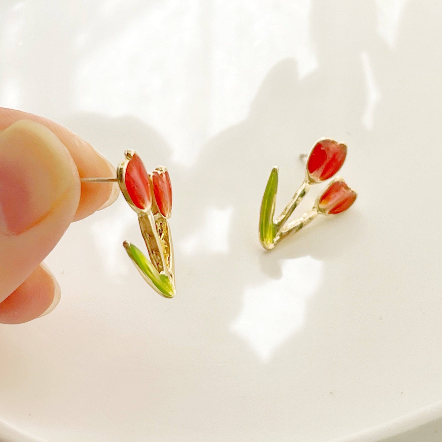 Red Tulips Earrings - Spring Flower and Leaves Shape Stud Earrings-Ninaouity