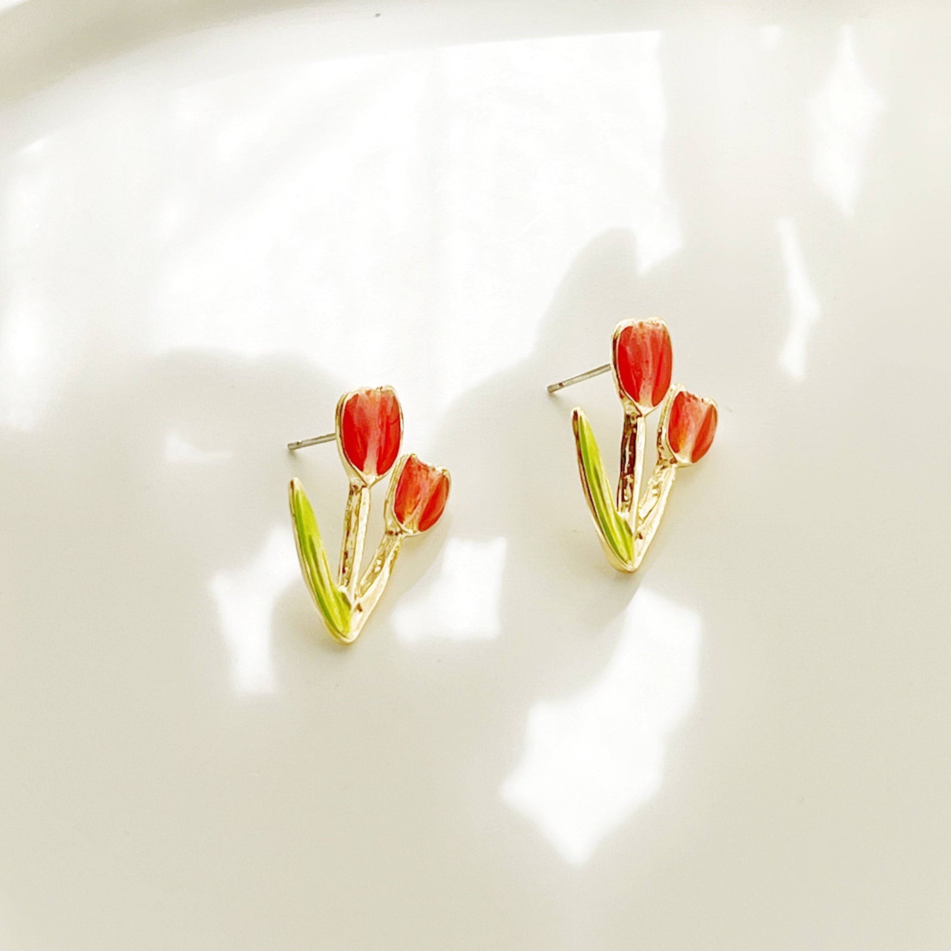 Red Tulips Earrings - Spring Flower and Leaves Shape Stud Earrings-Ninaouity