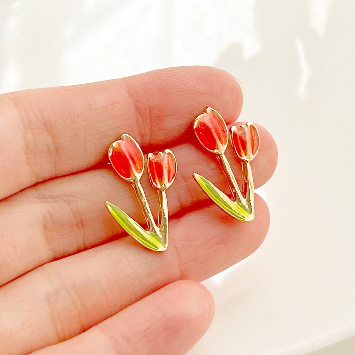 Red Tulips Earrings - Spring Flower and Leaves Shape Stud Earrings-Ninaouity