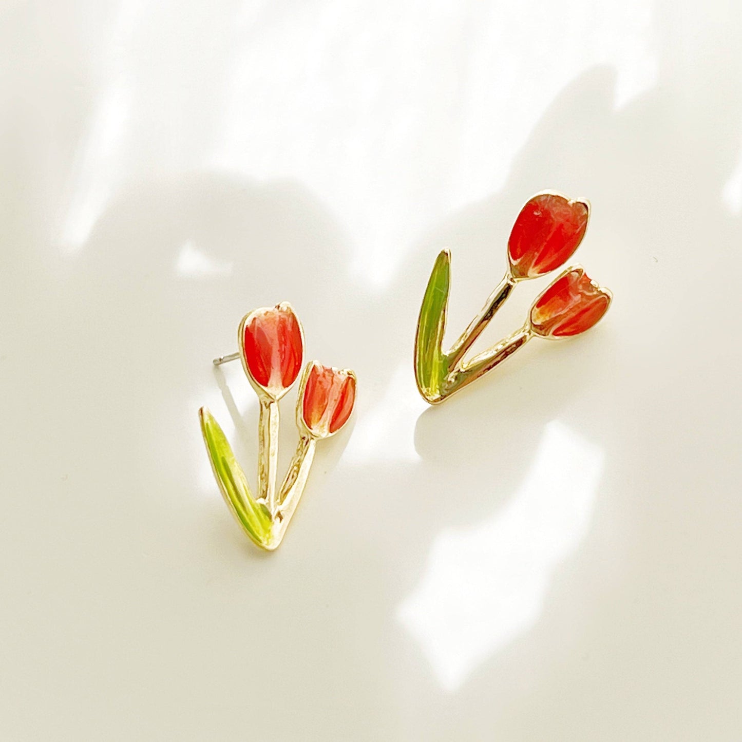 Red Tulips Earrings - Spring Flower and Leaves Shape Stud Earrings-Ninaouity