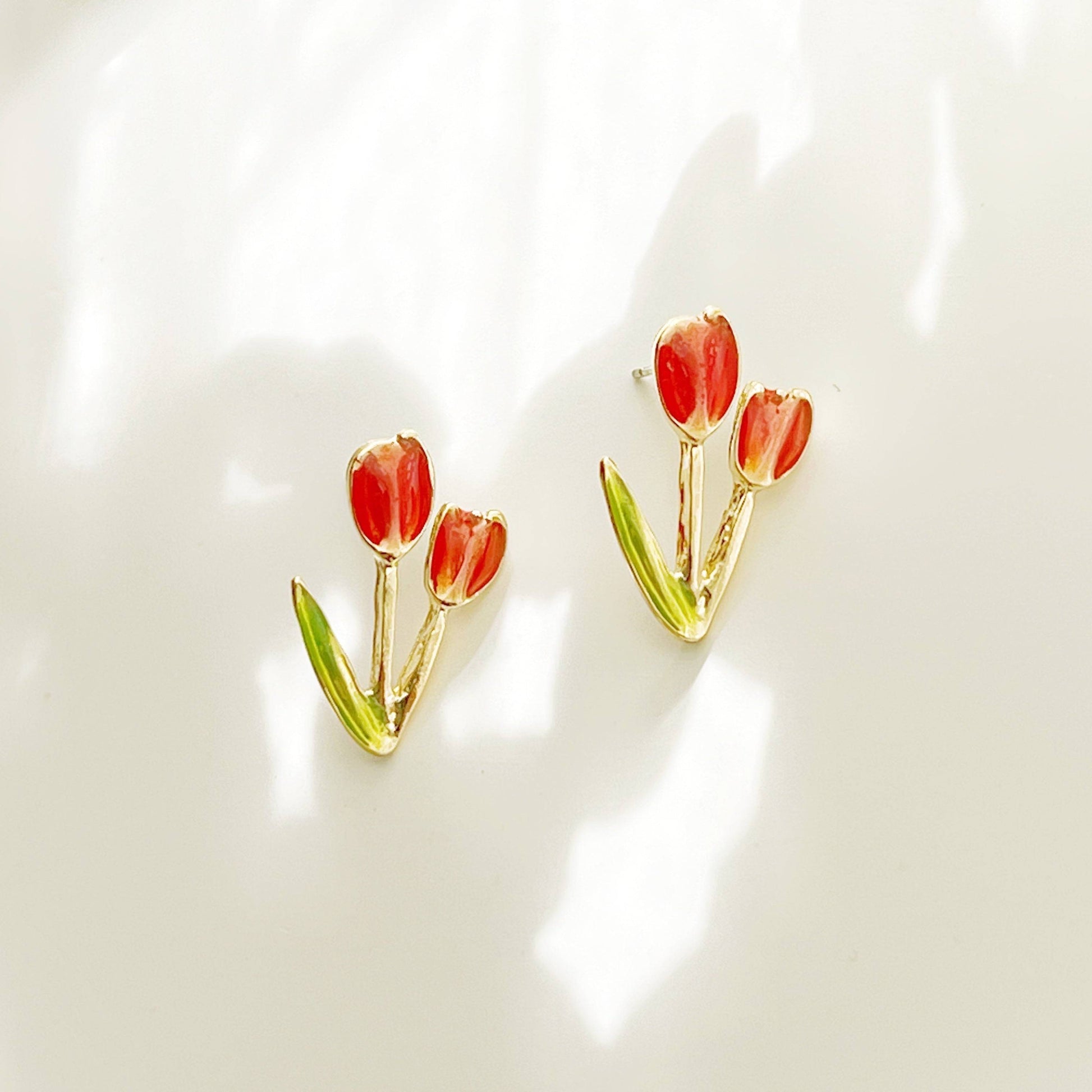 Red Tulips Earrings - Spring Flower and Leaves Shape Stud Earrings-Ninaouity