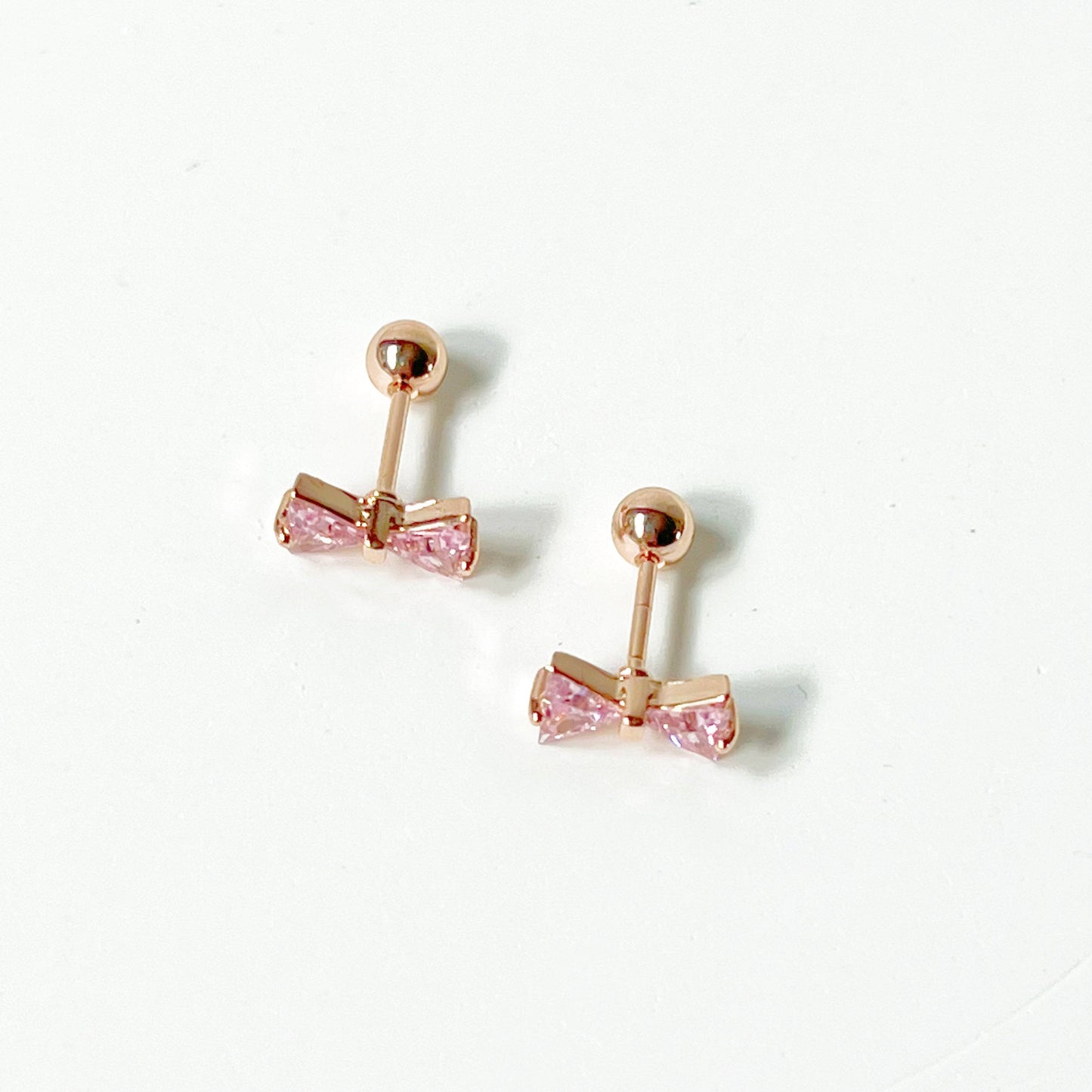 Rose Gold Bow Pink Zircon Earrings - Small Size Screw Back Earrings-Ninaouity
