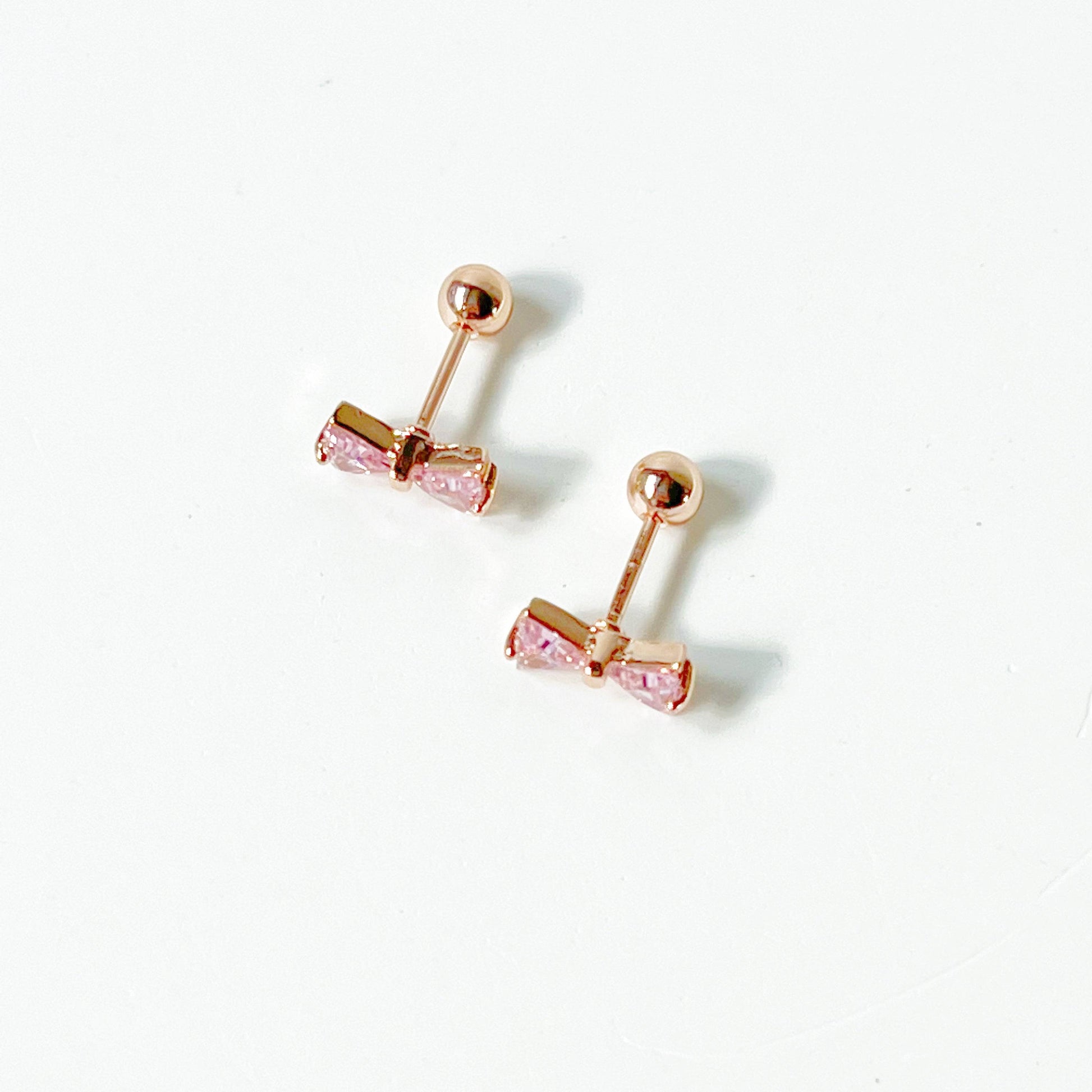 Rose Gold Bow Pink Zircon Earrings - Small Size Screw Back Earrings-Ninaouity