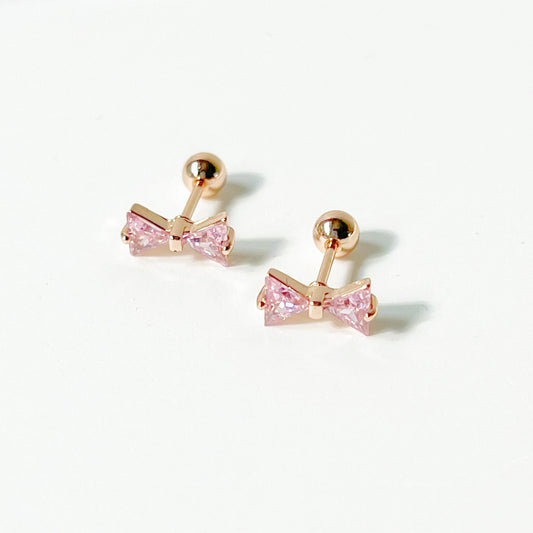 Rose Gold Bow Pink Zircon Earrings - Small Size Screw Back Earrings-Ninaouity